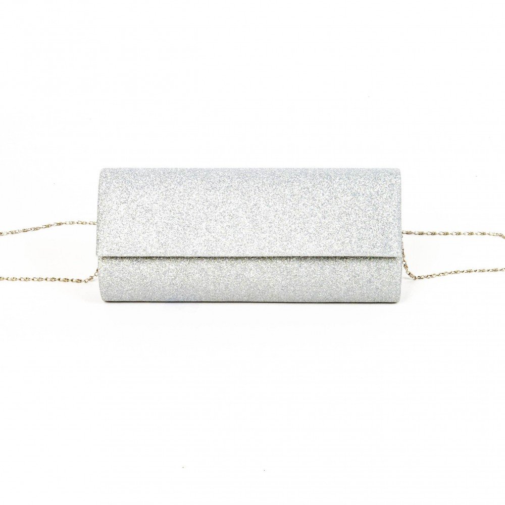 Вечерна/бална дамска чанта с дълга дръжка еко кожа бял блясък